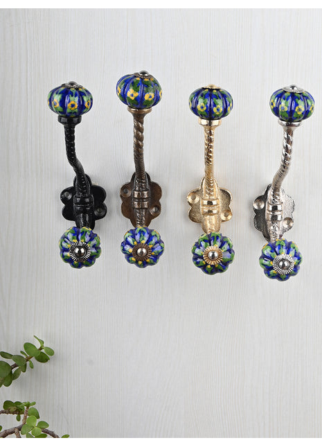 Blue Base Knob Yellow Flowers With Metal Wall Hanger