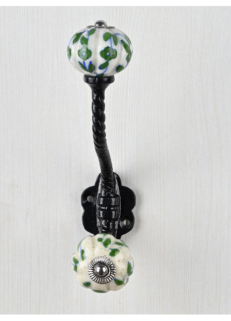 White Ceramic Melon Shaped Knob Green Design With Metal Wall Hanger