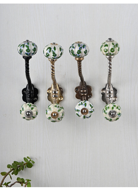 White Ceramic Melon Shaped Knob Green Design With Metal Wall Hanger