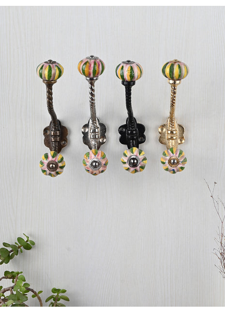 Pink Base Melon Shaped Knob Green And Yellow Leaf With Metal Wall Hanger