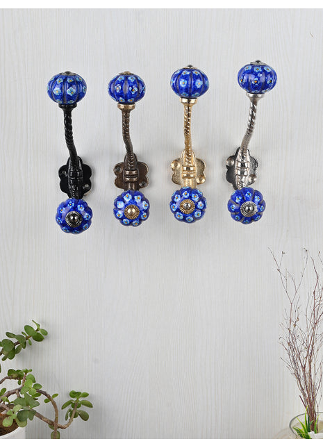 Royal Blue Knob Turquoise Flowers With Metal Wall Hanger