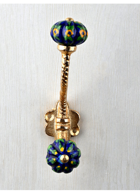 Yellow Flower and Green Leaves with Blue Base Knob With Metal Wall Hanger