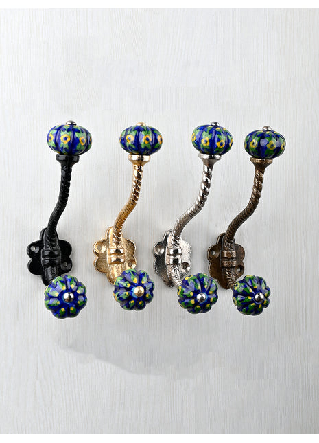 Yellow Flower and Green Leaves with Blue Base Knob With Metal Wall Hanger