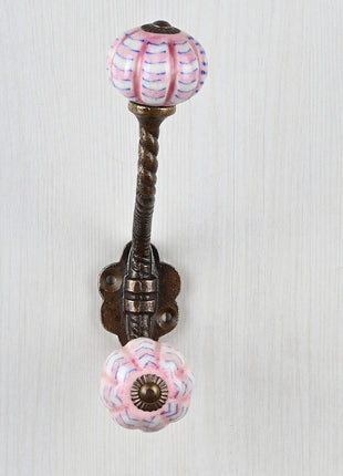 White Melon Shaped Knob Pink Spiral Design With Metal Wall Hanger