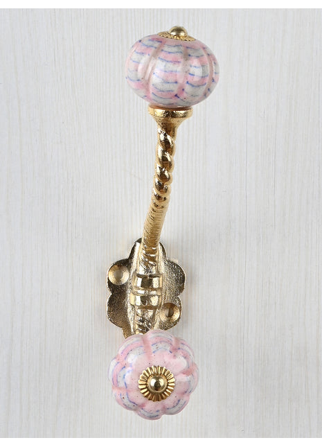 White Melon Shaped Knob Pink Spiral Design With Metal Wall Hanger