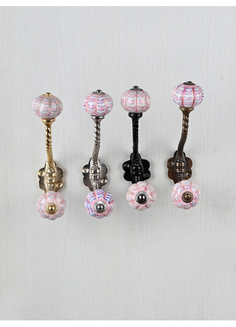 White Melon Shaped Knob Pink Spiral Design With Metal Wall Hanger