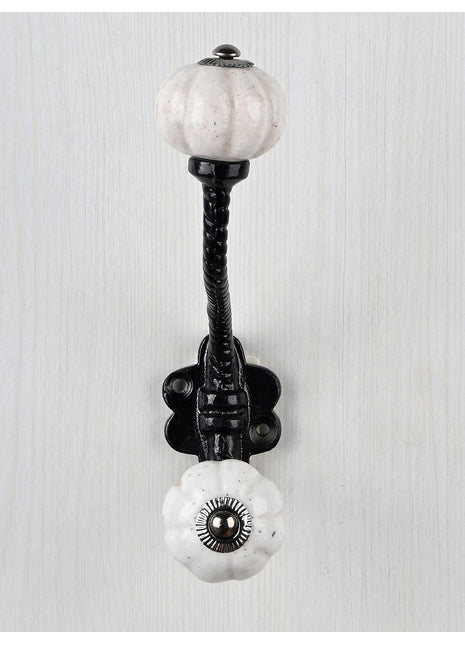 Vintage White Melon Shaped Knob With Metal Wall Hanger