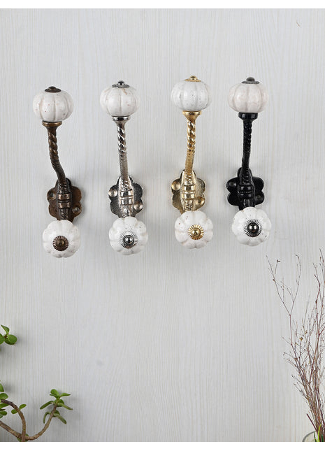 Vintage White Melon Shaped Knob With Metal Wall Hanger