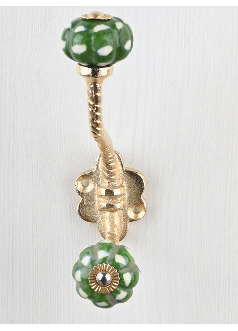 Dark Green Melon Shaped Knob White Print With Metal Wall Hanger