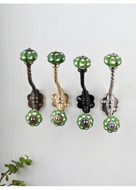 Dark Green Melon Shaped Knob White Print With Metal Wall Hanger