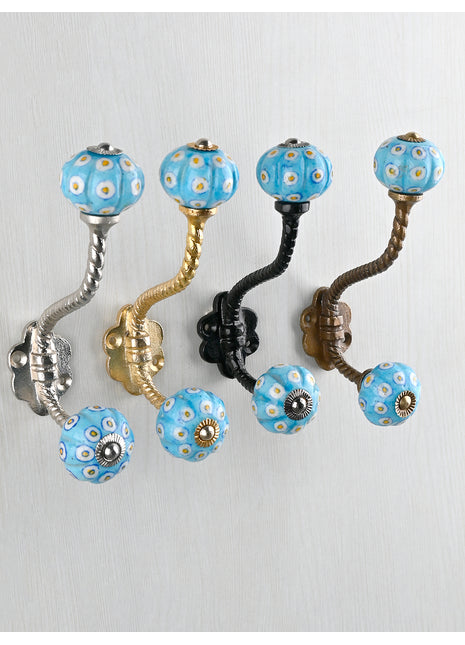 Turquoise and Yellow dots Ceramic Knob With Metal Wall Hanger