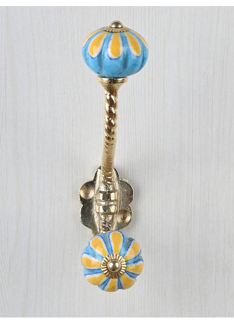 Yellow Flower On Turquoise Base Melon Shaped Knob With Metal Wall Hanger