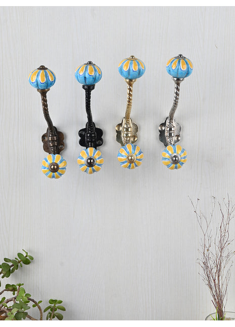 Yellow Flower On Turquoise Base Melon Shaped Knob With Metal Wall Hanger