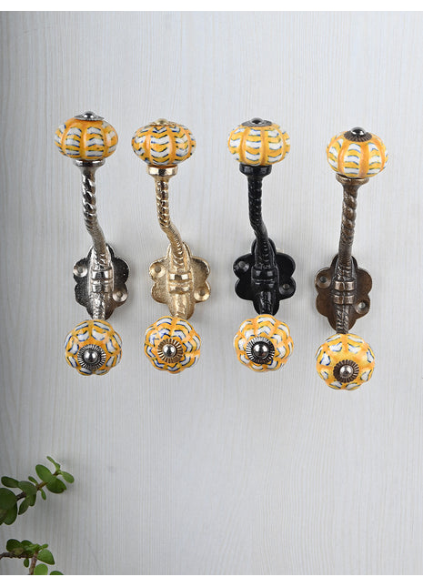 Yellow And White Ceramic Melon Shaped Knob With Metal Wall Hanger