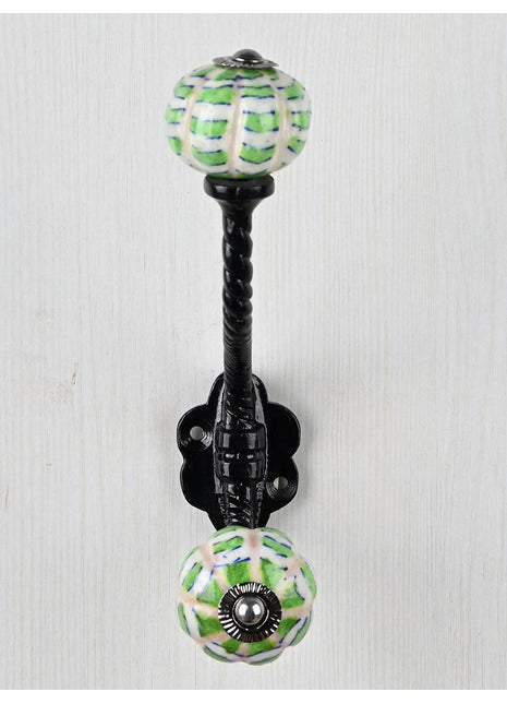 White Ceramic Melon Shaped Knob Green Design With Metal Wall Hanger