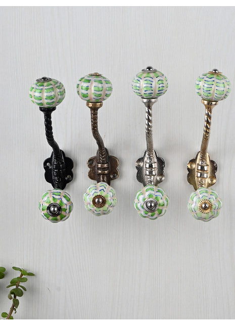 White Ceramic Melon Shaped Knob Green Design With Metal Wall Hanger