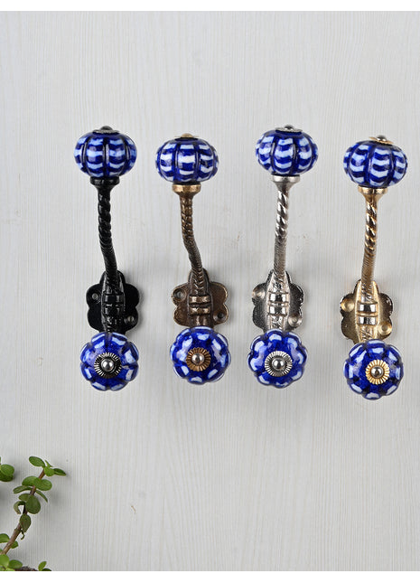 Antique Blue Base With White Color Melon Shaped Knob With Metal Wall Hanger