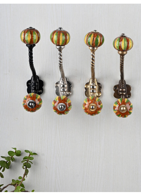 Vintage Brown Knob Yellow And Green Leaves With Metal Wall Hanger