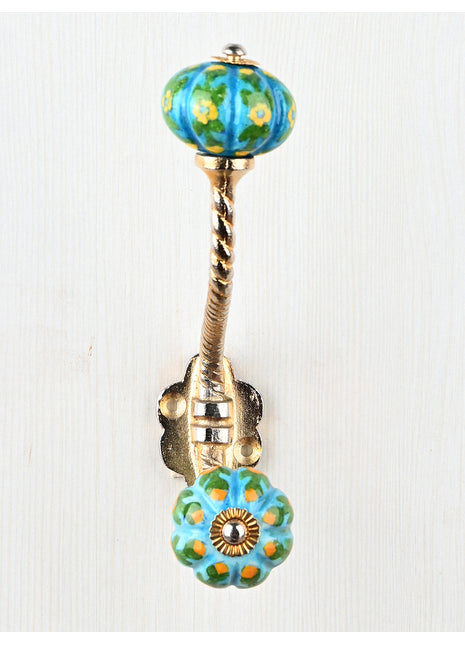 Yellow Flower and Green Leafs with Turquoise Base Knob With Metal Wall Hanger