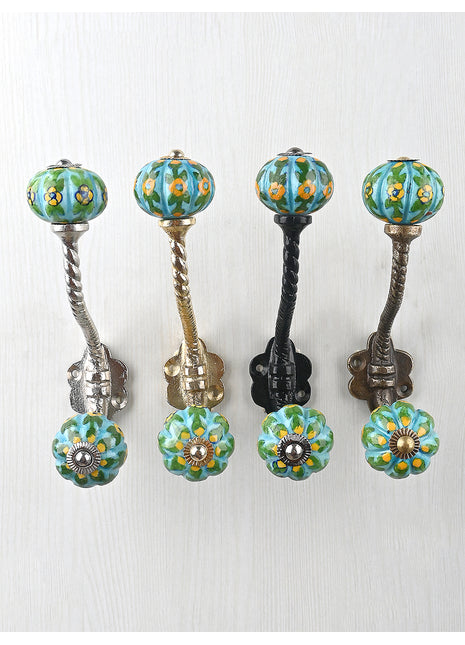 Yellow Flower and Green Leafs with Turquoise Base Knob With Metal Wall Hanger