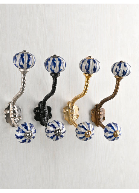 Blue Design Ceramic Knob With Metal Wall Hanger