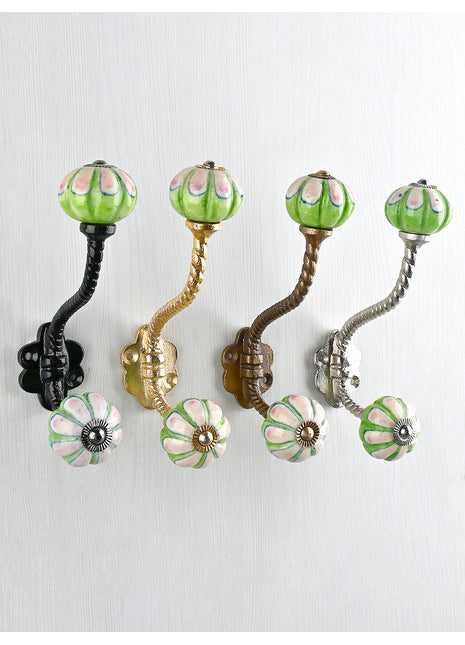 Green and Pink Ceramic Knob With Metal Wall Hanger