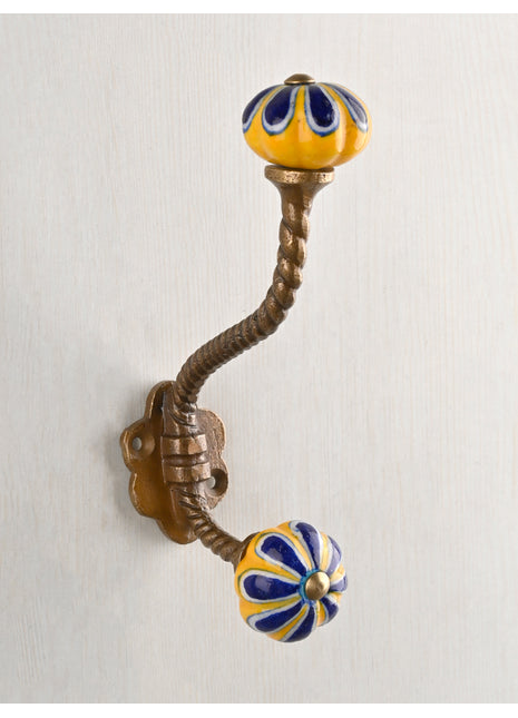 Yellow and Blue Color Ceramic Knob With Metal Wall Hanger