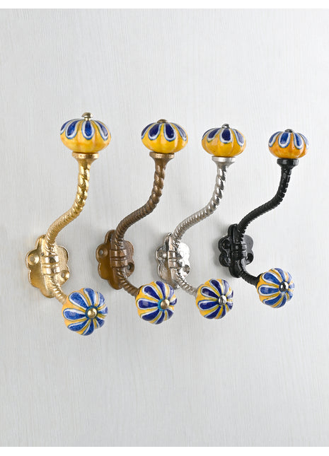 Yellow and Blue Color Ceramic Knob With Metal Wall Hanger
