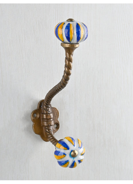 Yellow and Blue Ceramic Knob With Metal Wall Hanger