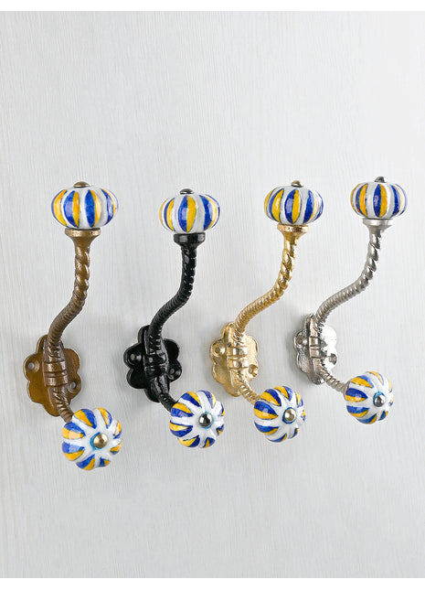 Yellow and Blue Ceramic Knob With Metal Wall Hanger