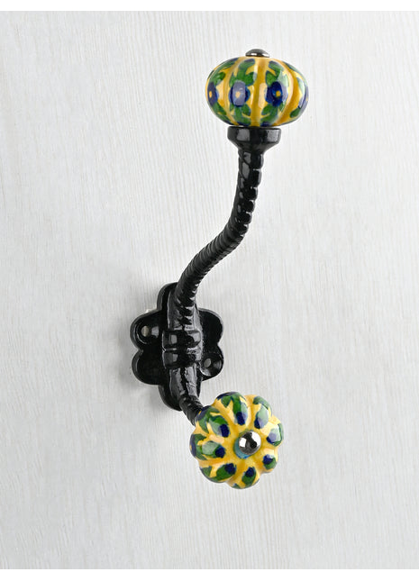 Yellow Base and Blue Flower Knob With Metal Wall Hanger