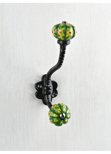 Green Base and Yellow Flower knob with Metal Wall Hanger