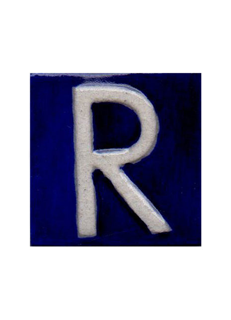 White R alphabet blue tile (2x2)