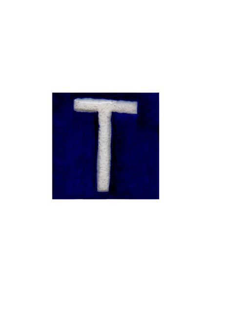 White T alphabet blue tile (2x2)