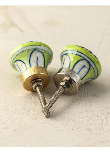 Light Green Ceramic Blue Pottery Drawer Knob With Blue Flower