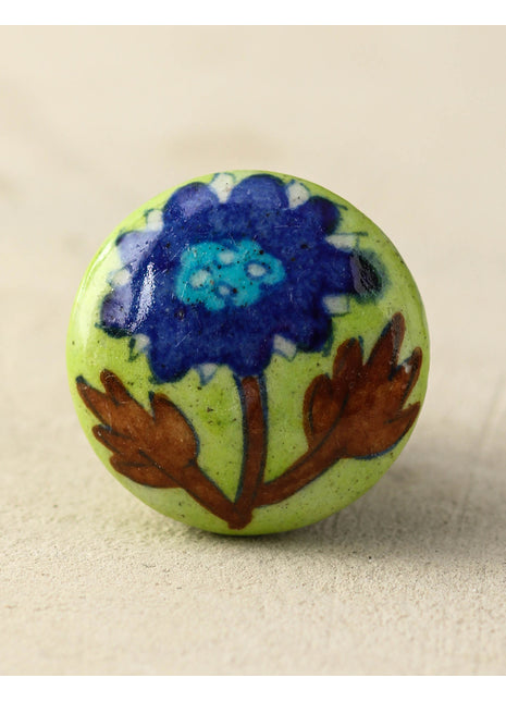 Light Green Ceramic Blue Pottery Drawer Knob With Blue Flower