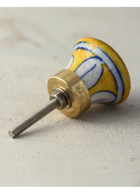 Yellow Ceramic Blue Pottery Dresser Cabinet Knob with Blue Flower
