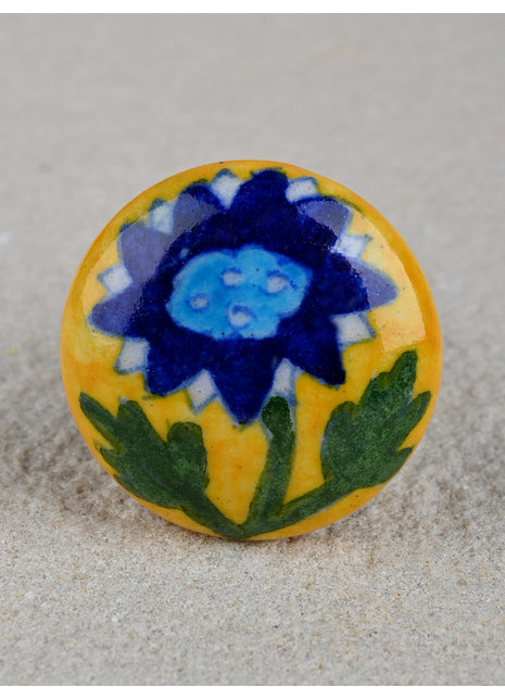 Yellow Ceramic Blue Pottery Dresser Cabinet Knob with Blue Flower