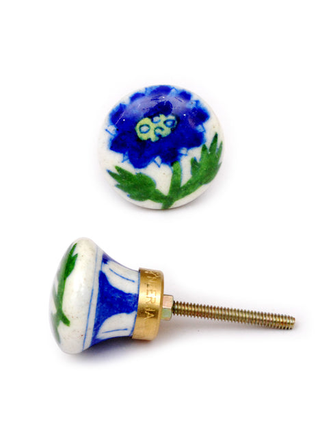 White Ceramic Blue Pottery Drawer Knob with Blue Flower