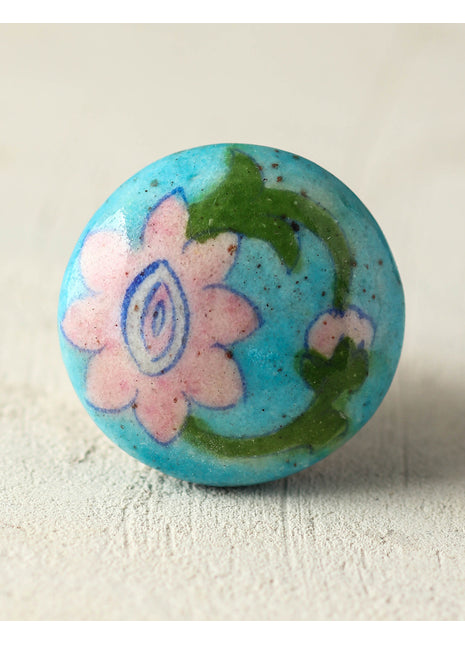 Turquoise Ceramic Blue Pottery Door Knob With Pink And Green Floral Print