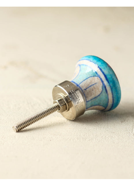 Turquoise Ceramic Blue Pottery Door Knob With Pink And Green Floral Print