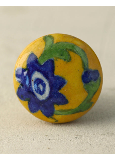 Yellow Ceramic Drawer Knob With Hand Painted Blue And Green Floral Print