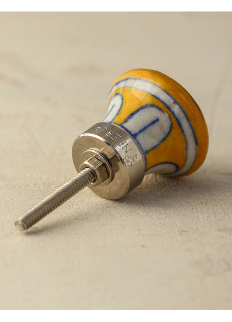 Yellow Ceramic Drawer Knob With Hand Painted Blue And Green Floral Print