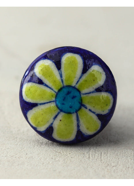 Handmade Blue Kitchen Cabinet Knob With Green Flower