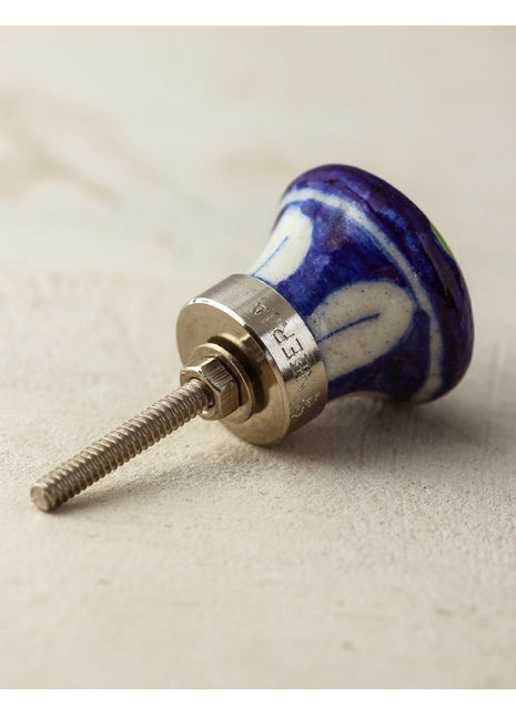 Handmade Blue Kitchen Cabinet Knob With Green Flower