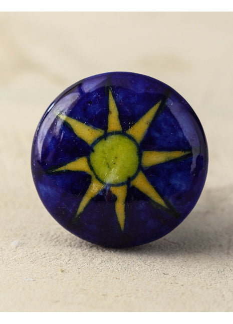 Blue Ceramic Blue Pottery Kitchen Cabinet Knob With Yellow Star