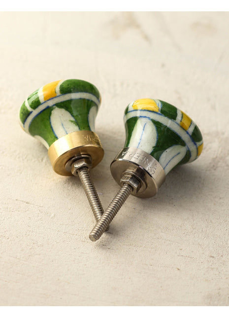 Handmade Green And Yellow Stripes On White Ceramic Door Knob