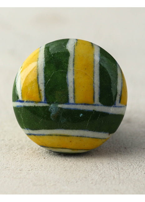 Handmade Green And Yellow Stripes On White Ceramic Door Knob