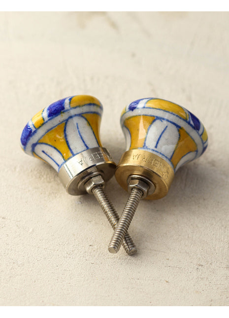 Yellow And Blue Stripes On White Ceramic Drawer Knob