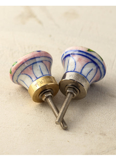Handmade Pink Ceramic Knob With Blue And Green Design